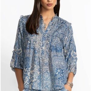 Johnny Was Zeeland Silk Blouse Top Size XS Blue Denim Print Bohemian 3/4 Sleeves